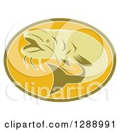 Clipart Of A Retro Swimming Catfish In A Green And Orange Oval Royalty Free Vector Illustration
