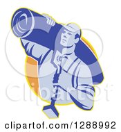 Poster, Art Print Of Retro Blue Male Carpet Layer Carrying A Roll And Knee Kicker Tool In A Yellow And Orange Circle