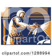 Poster, Art Print Of Retro Suited Up Worker Spray Painting A Car With A White Border