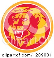 Poster, Art Print Of Retro Roaring Lion Head In An Orange White And Red Circle