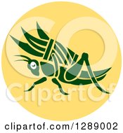 Poster, Art Print Of Retro Green Grasshopper With A Basket Of Grass In A Yellow Circle