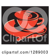 Poster, Art Print Of Red Coffee Cup On A Saucer With A Spoon Over Black With A White Border