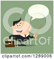 Poster, Art Print Of Modern Flat Design Of A Happy Talking White Business Man Holding A Pointer Stick Over Green