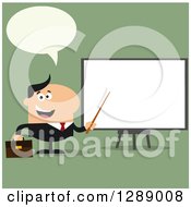 Poster, Art Print Of Modern Flat Design Of A Talking White Businessman Using A Pointer Stick By A Presentation Board Over Green
