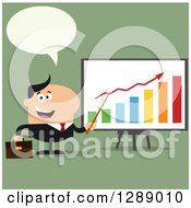 Poster, Art Print Of Modern Flat Design Of A Happy Talking White Business Man Discussing Company Growth With A Bar Graph Over Green