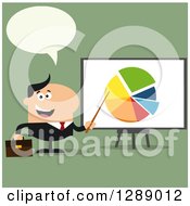 Poster, Art Print Of Modern Flat Design Of A Talking Happy White Businessman Pointing To A Pie Chart On A Presentation Board Over Green
