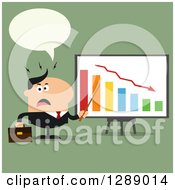 Poster, Art Print Of Modern Flat Design Of An Angry Talking White Business Man Discussing Company Growth With A Bar Graph Over Green