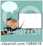 Poster, Art Print Of Modern Flat Design Of A Talking Black Businessman Using A Pointer Stick By A Presentation Board Over Turquoise