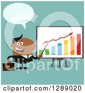 Poster, Art Print Of Modern Flat Design Of A Happy Talking Black Business Man Discussing Company Growth With A Bar Graph Over Turquoise