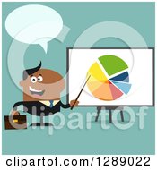 Poster, Art Print Of Modern Flat Design Of A Talking Happy Black Businessman Pointing To A Pie Chart On A Presentation Board Over Turquoise