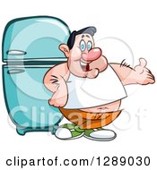 Cartoon Fat Caucasian Man Presenting And Leaning Against A Retro Refrigerator