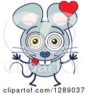Poster, Art Print Of Smitten Gray Mouse In Love Holding A Heart Balloon