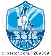 Poster, Art Print Of Rugby Union Player Catching Lineout Ball In A Blue And White England 2015 Shield