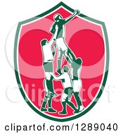 Poster, Art Print Of Retro Rugby Union Player Catching Lineout Ball In A Green White And Pink Shield