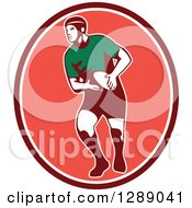 Poster, Art Print Of Retro Male Rugby Player Passing The Ball In A Maroon White And Pink Oval
