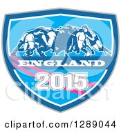 Poster, Art Print Of Retro Rugby Union Players In A Scrum In A Blue White And Pink England 2015 Shield