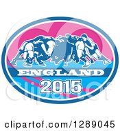 Clipart Of Retro Rugby Union Players In A Scrum In A Blue White And Pink England 2015 Oval Royalty Free Vector Illustration