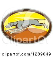 Poster, Art Print Of Retro Cartoon Greyhound Dog Running In A Sunny Gray Brown And Yellow Oval