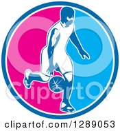 Poster, Art Print Of Basketball Player Dribbling In A Blue White And Pink Circle