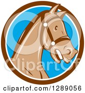 Cartoon Retro Horse Head With A Bridle In A Brown White And Blue Circle