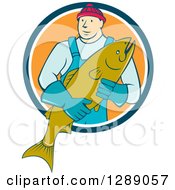 Cartoon Male Fishmonger Holding A Catch And Emerging From A Blue White And Orange Circle