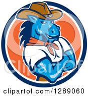 Poster, Art Print Of Cartoon Retro Cowboy Sheriff Horse Man With Folded Arms In A Blue White And Orange Circle