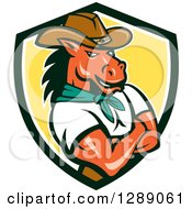 Poster, Art Print Of Cartoon Retro Cowboy Sheriff Horse Man With Folded Arms In A Black White And Yellow Shield
