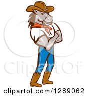 Clipart Of A Cartoon Retro Cowboy Sheriff Horse Man Standing With Folded Arms Royalty Free Vector Illustration