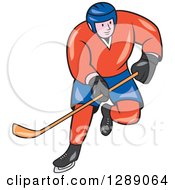 Poster, Art Print Of Cartoon White Male Hockey Player Skating In A Red And Blue Uniform