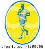 Poster, Art Print Of Retro Male Marathon Runner With In A Blue White And Yellow Oval