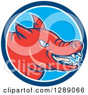 Clipart Of A Cartoon Red Angry Pig Face In A Blue And White Circle Royalty Free Vector Illustration