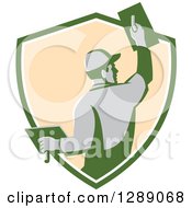 Poster, Art Print Of Rear View Of A Retro Male Plasterer Working In A Green White And Beige Shield