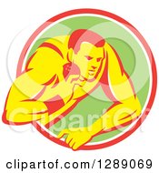 Retro Male Track And Field Shot Put Athlete Throwing In A Pink White And Green Circle