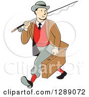 Poster, Art Print Of Retro Cartoon White Male Tourist Walking And Carrying A Suitcase And Fly Fishing Rod