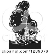 Poster, Art Print Of Black And White Woodcut Ceremony Of A Viking Chief Being Burned On A Longboat