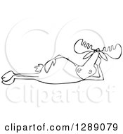 Animal Clipart Of A Black And White Cartoon Relaxed Moose Resting On His Side Royalty Free Vector Illustration