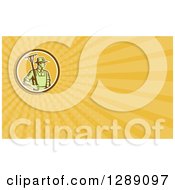 Clipart Of A Retro Woodcut Farmer Holding A Rake And Orange Rays Background Or Business Card Design Royalty Free Illustration