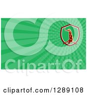 Clipart Of A Retro Woodcut Bungee Jumper And Green Rays Background Or Business Card Design Royalty Free Illustration