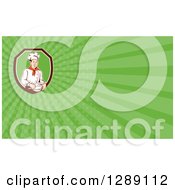 Clipart Of A Retro Happy White Male Chef Baker Holding A Mixing Bowl And Green Rays Background Or Business Card Design Royalty Free Illustration