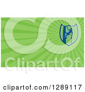 Clipart Of A Retro Arborist Climbing A Pole With A Chainsaw And Green Rays Background Or Business Card Design Royalty Free Illustration