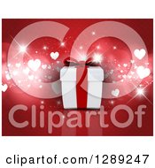 Poster, Art Print Of 3d Anniversary Or Valentines Day Gift Box Over Red With Bokeh Flares And Hearts