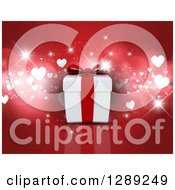 Poster, Art Print Of 3d Anniversary Or Valentines Day Gift Box Over Red With Bokeh Sparkles And Hearts