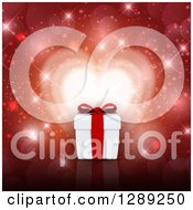 Holiday Clipart Of A 3d Anniversary Or Valentines Day Gift Box Over Heart Lights With Bokeh And Flares On Red Royalty Free Illustration