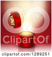 Poster, Art Print Of 3d Round Valentines Day Or Anniversary Gift Box With Gold Magic Over Red