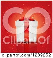 Clipart Of A 3d Valentines Day Or Anniversary Gift Box With Sparkles And A Reflection On Red Royalty Free Vector Illustration