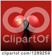 Clipart Of A Black Silhouetted Couple Kissing Over A Red Heart And Embossed Pattern Royalty Free Vector Illustration