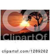 Poster, Art Print Of Romantic Silhouetted Couple Kissing Under A Tree Against An Orange Ocean Sunset