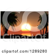 Poster, Art Print Of 3d Silhouetted Tropical Palm Trees And Hills Overlooking An Orange Ocean Sunset