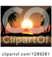 3d Close Up Of A Wooden Table Or Deck With A View Of An Orange Tropical Ocean Sunset