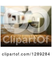 Poster, Art Print Of 3d Closeup Of A Wooden Table And Blurred Modern Kitchen In The Background